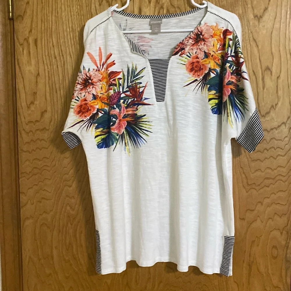 Chico’s Tropical Floral Striped  Multicolor size 2 60% cotton 40% viscose - Picture 2 of 8